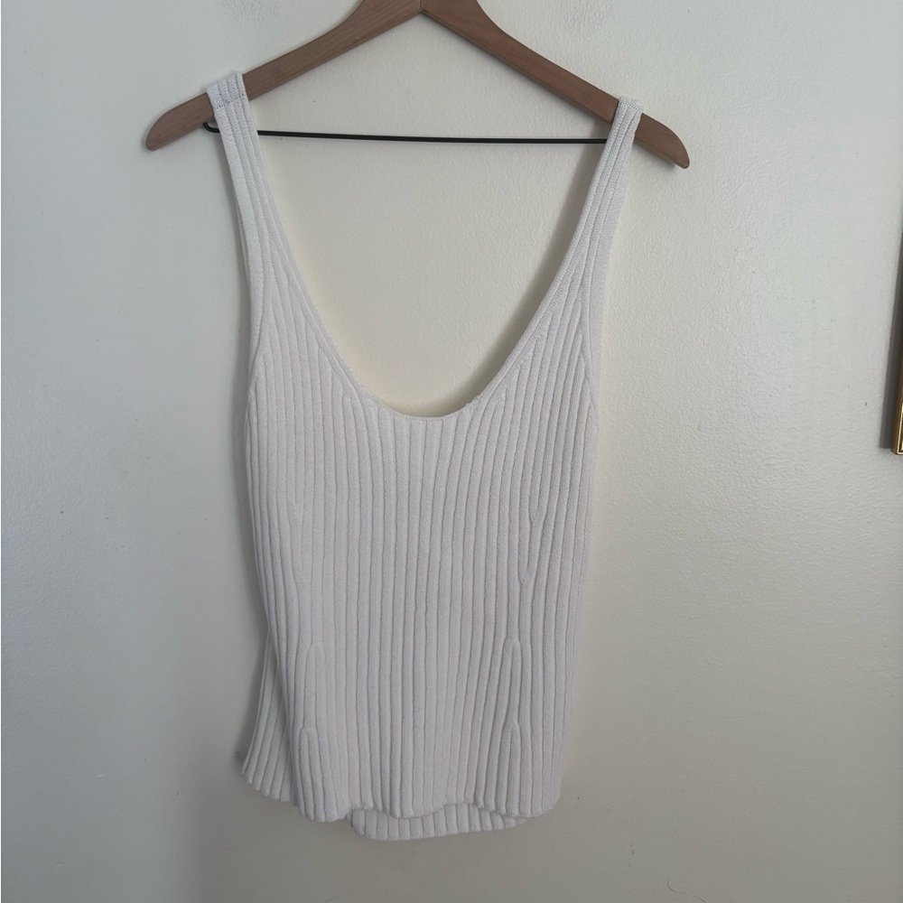 Vince White Ribbed Cotton Knit Tie Back V Neck Tank Top Chic Women Large NWOT CA
